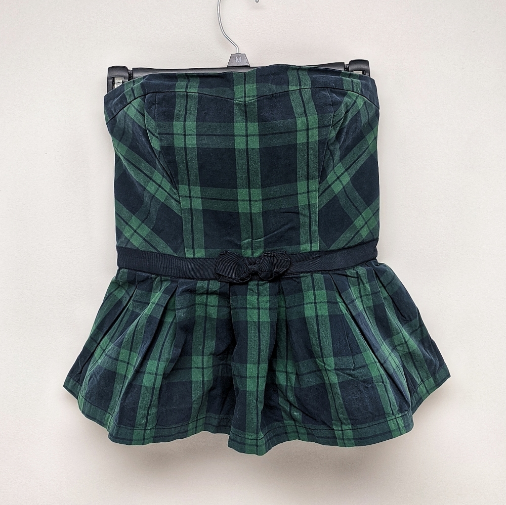 Abercrombie & Fitch Strapless Green and Navy Plaid Peplum Top